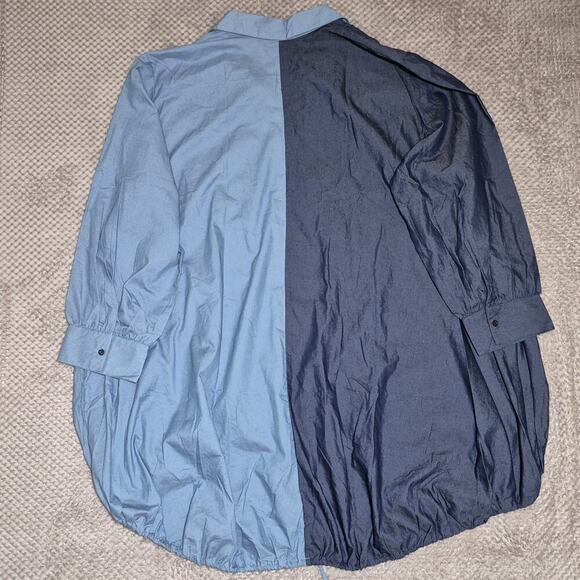 Ashley Stewart Denim Shirt Dress Women 30/32 Blue Colorblock HiLow Drawstring - Picture 3 of 7